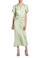 Gathered Satin Crêpe V-Neck Midi-Dress