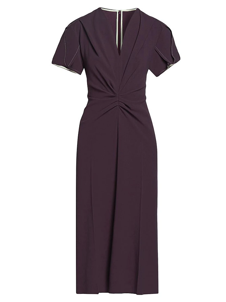 Gathered Crêpe V-Neck Midi-Dress