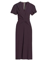 Gathered Crêpe V-Neck Midi-Dress