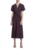Gathered Crêpe V-Neck Midi-Dress