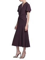 Gathered Crêpe V-Neck Midi-Dress