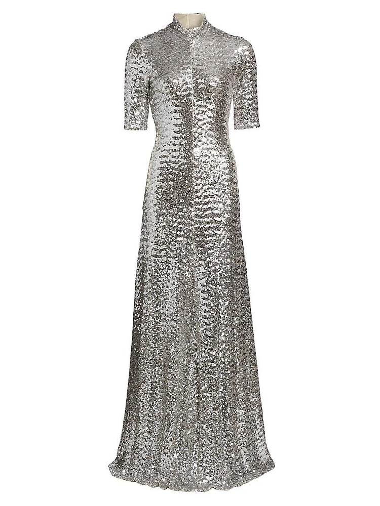 Sequined Turtleneck A-Line Gown