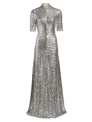 Sequined Turtleneck A-Line Gown