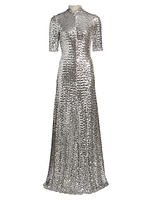Sequined Turtleneck A-Line Gown