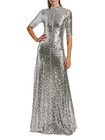 Sequined Turtleneck A-Line Gown