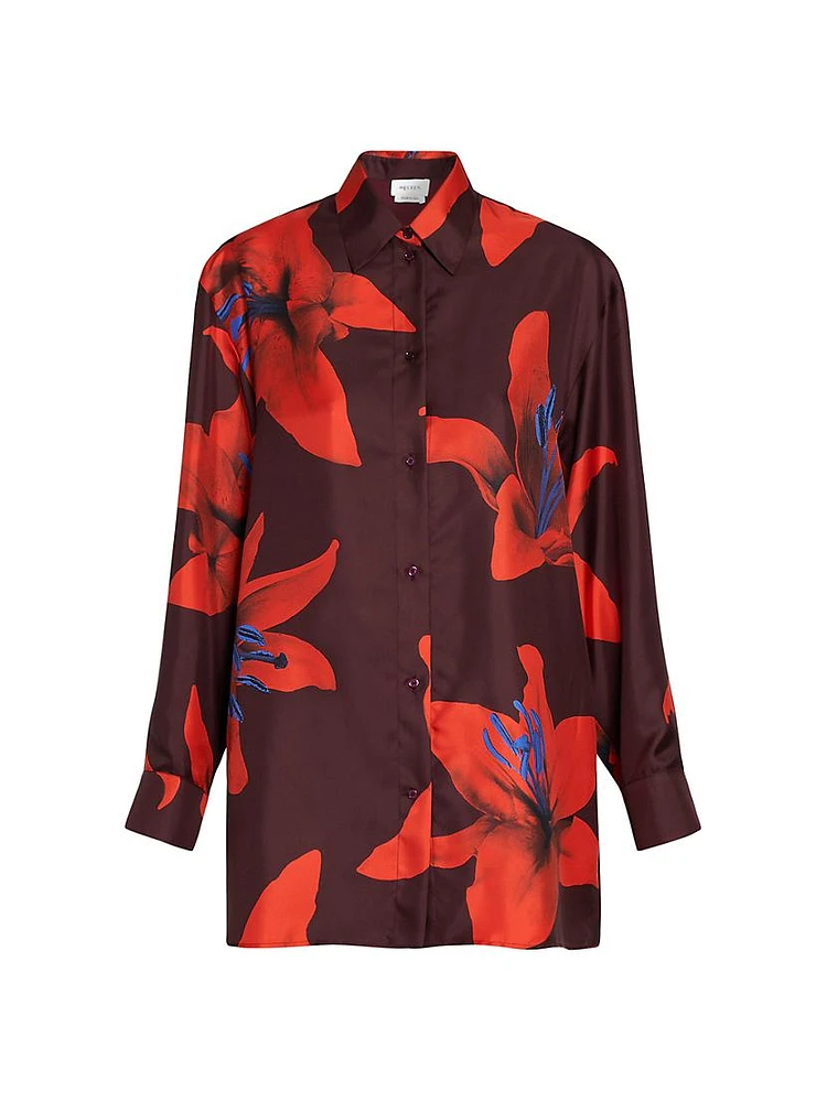 Flame Lily Silk Oversized Button-Front Shirt