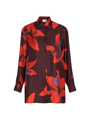 Flame Lily Silk Oversized Button-Front Shirt