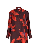 Flame Lily Silk Oversized Button-Front Shirt