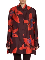 Flame Lily Silk Oversized Button-Front Shirt