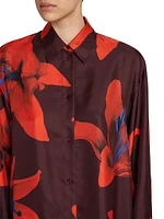Flame Lily Silk Oversized Button-Front Shirt