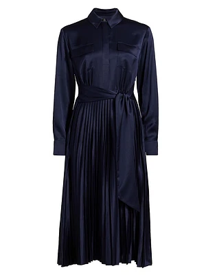 Jessie Satin Pleated Tie-Front Shirtdress