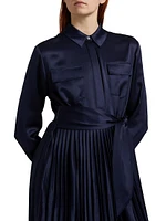 Jessie Satin Pleated Tie-Front Shirtdress