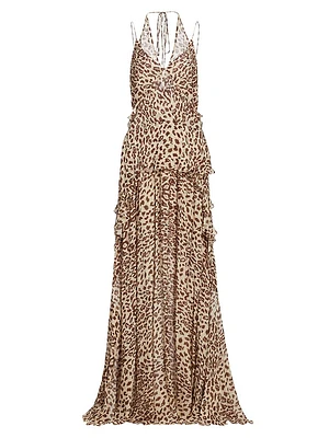 Leopard Georgette Halter Maxi Dress