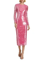 Sequined Long-Sleeve Tubino Midi-Dress