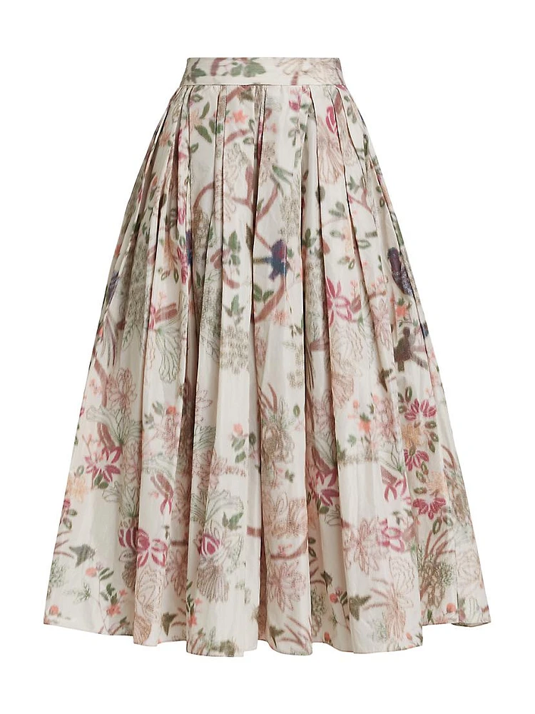 Pleated Floral Tafetta Midi Skirt
