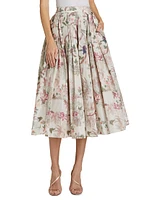 Pleated Floral Tafetta Midi Skirt