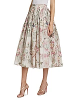 Pleated Floral Tafetta Midi Skirt