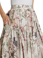 Pleated Floral Tafetta Midi Skirt