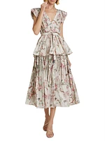 Pleated Floral Tafetta Midi Skirt