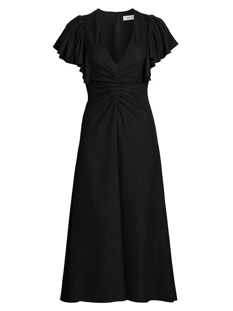 Flutter-Sleeve Ruched Midi-Dress