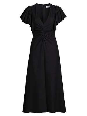 Flutter-Sleeve Ruched Midi-Dress