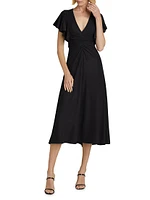 Flutter-Sleeve Ruched Midi-Dress