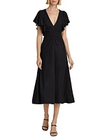 Flutter-Sleeve Ruched Midi-Dress