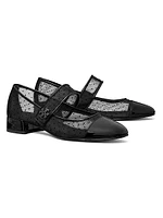 Cap-Toe Mary Jane Mesh & Leather Ballet Flats