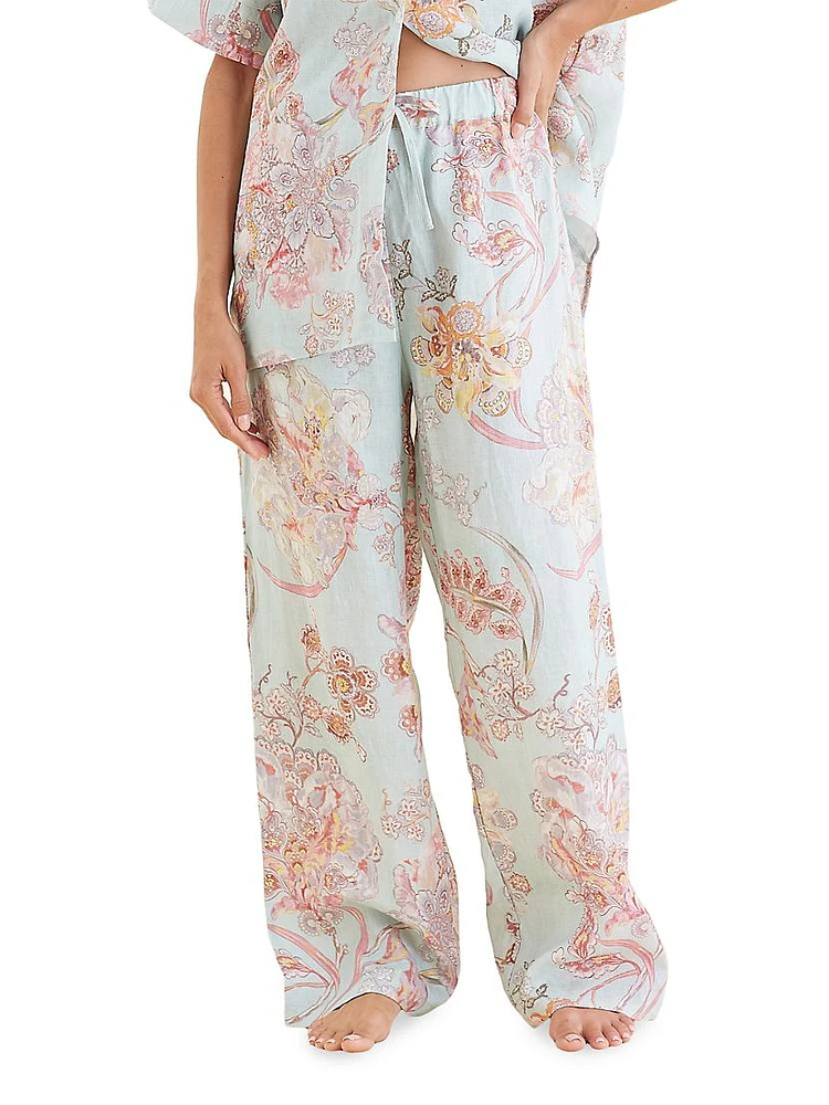Coco Resort Floral Linen Wide-Leg Pants