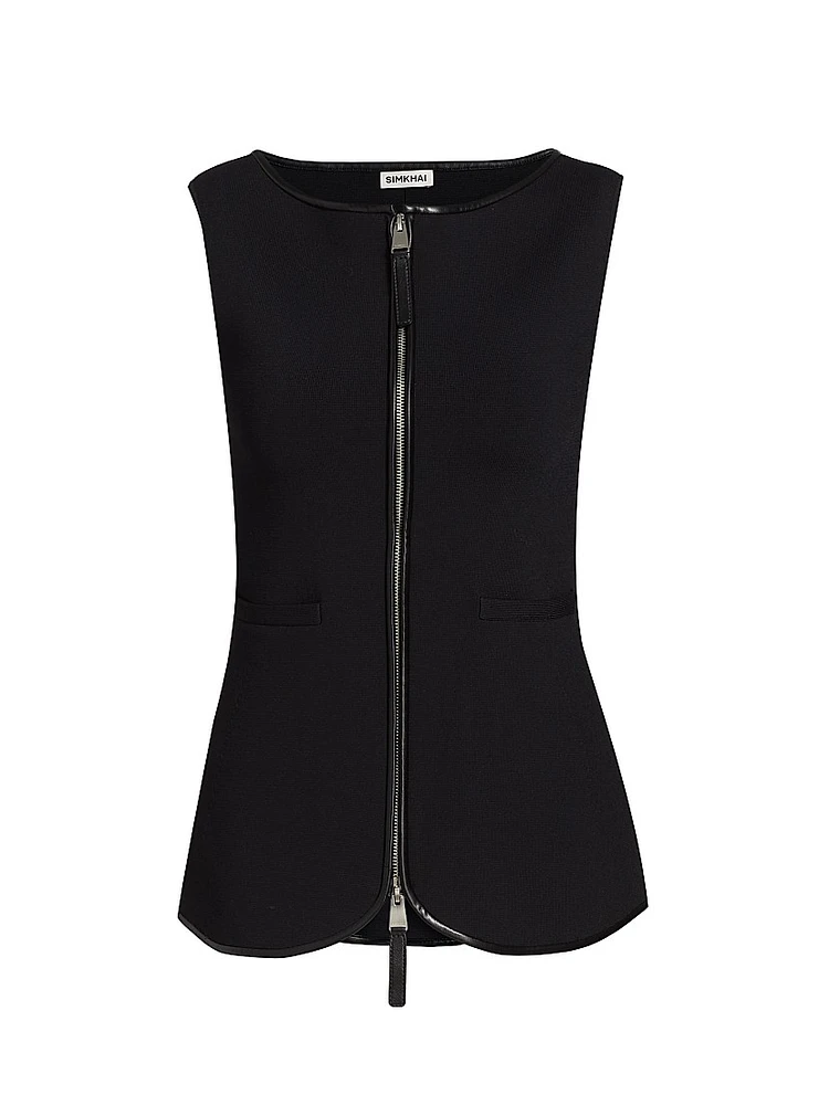 Ren Faux Leather-Trimmed Knit Zip-Front Top