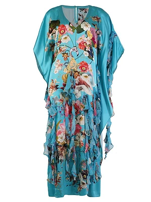 Ruffled Floral Silk Caftan