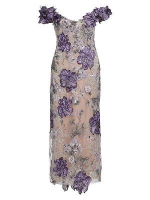 Off-the-Shoulder Floral Threadwork Embroidered Cocktail Dress