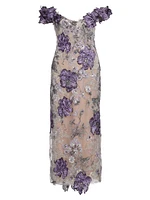 Off-the-Shoulder Floral Threadwork Embroidered Cocktail Dress