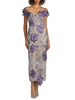 Off-the-Shoulder Floral Threadwork Embroidered Cocktail Dress