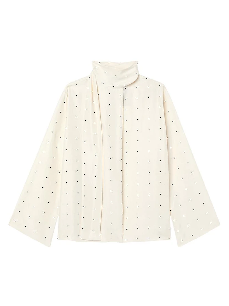 Dotted Silk Tieneck Long-Sleeve Top