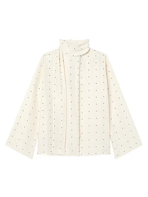 Dotted Silk Tieneck Long-Sleeve Top