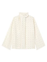 Dotted Silk Tieneck Long-Sleeve Top