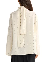 Dotted Silk Tieneck Long-Sleeve Top