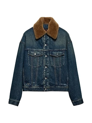 Padded Denim Blouson Jacket with Shearling Collar