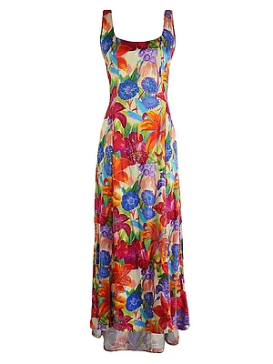 Floral Silk Waterfall-Hem Dress