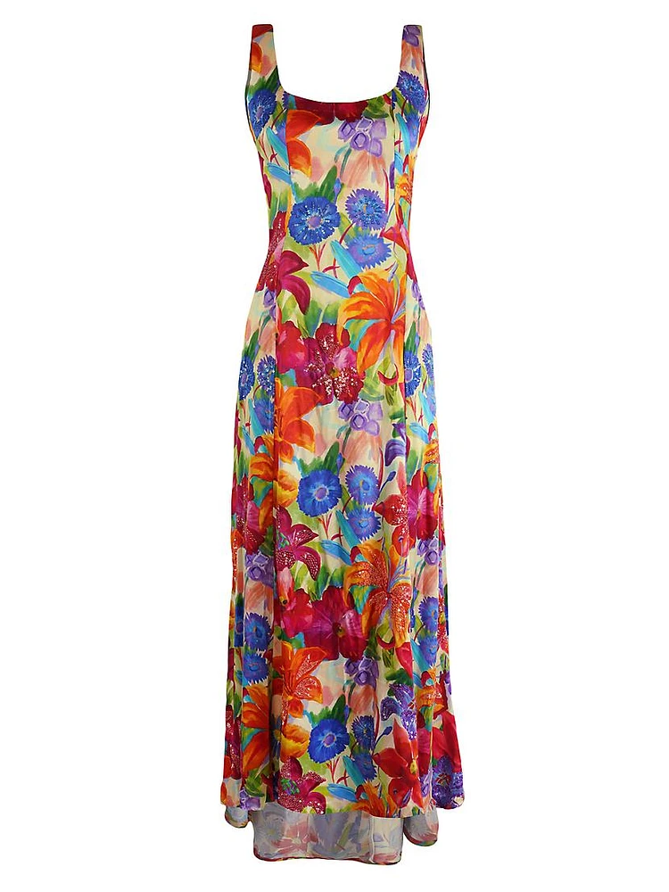 Floral Silk Waterfall-Hem Dress