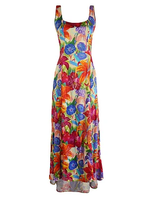 Floral Silk Waterfall-Hem Dress