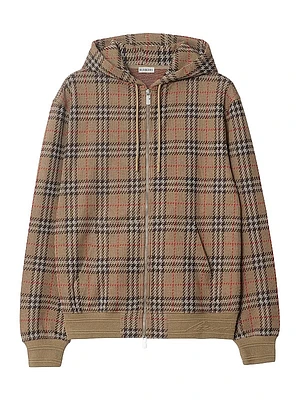 Check Stretch Cotton Zip-Front Hoodie