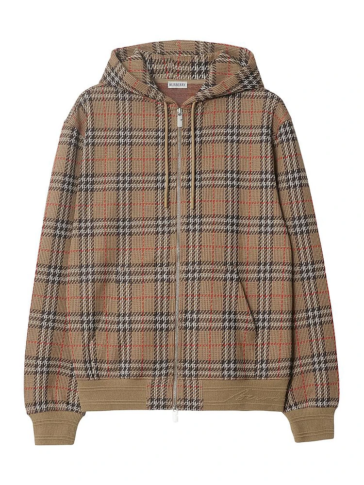 Check Stretch Cotton Zip-Front Hoodie