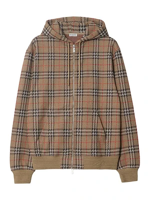 Check Stretch Cotton Zip-Front Hoodie
