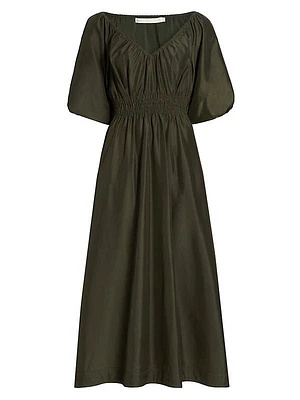 Ava Smocked Taffeta Midi-Dress