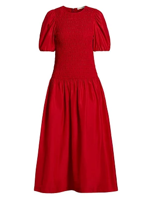 Marca Smocked Taffeta Midi-Dress