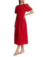 Marca Smocked Taffeta Midi-Dress