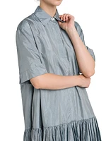 Satin Dropped Waist Pleated Shirtdress