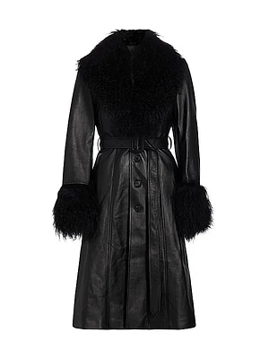 Solene Faux-Fur-Trimmed Leather Belted Coat